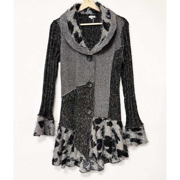 Sioni Patchwork Cardigan Button Front Gray Animal Print Eyelash Knit Mob Wife - Picture 1 of 8